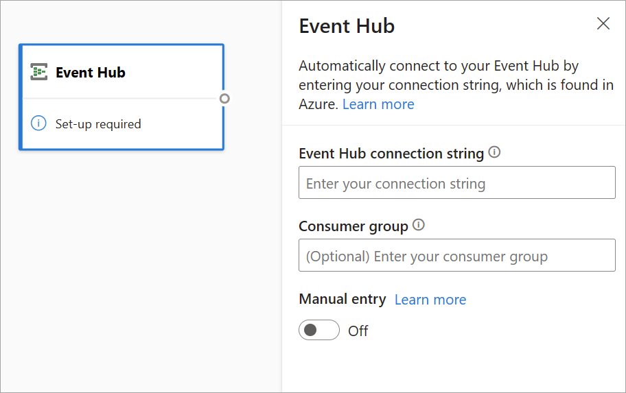 Screenshot, der die Event Hub-Karte und den Konfigurationsbereich in der Diagrammansicht zeigt.