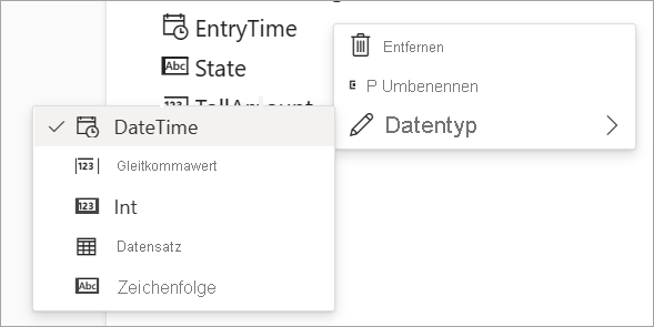 Screenshot der Optionen zum Entfernen, Umbenennen und Datentypen für Eingabedaten.