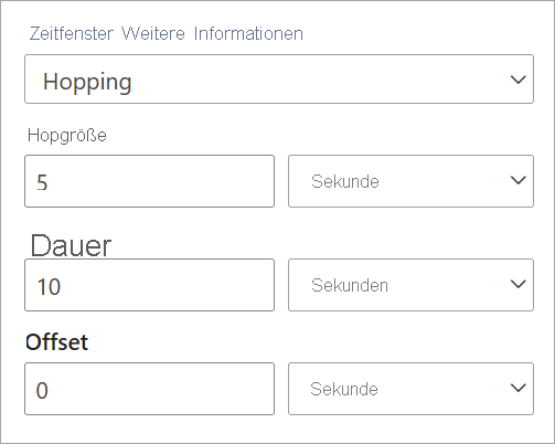 Screenshot: Einstellungen für Hopgröße, Dauer und Offset für ein springendes Zeitfenster