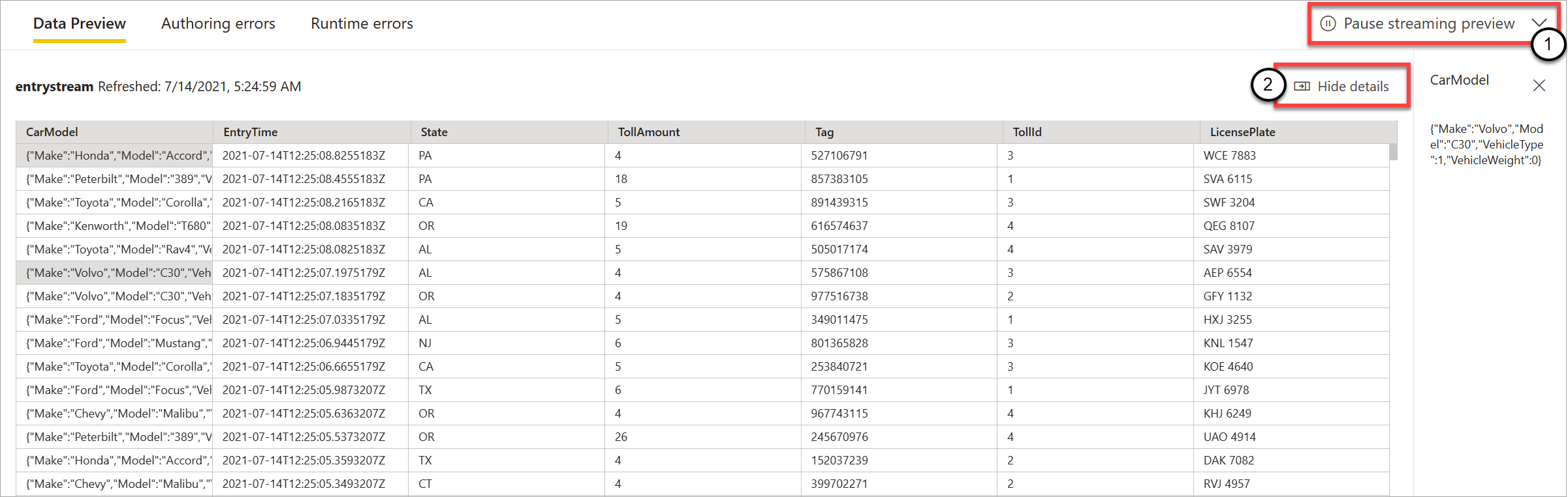 Screenshot, der eine Live-Datenvorschau mit hervorgehobenen Optionen zum Anhalten und Ein- und Ausblenden zeigt.