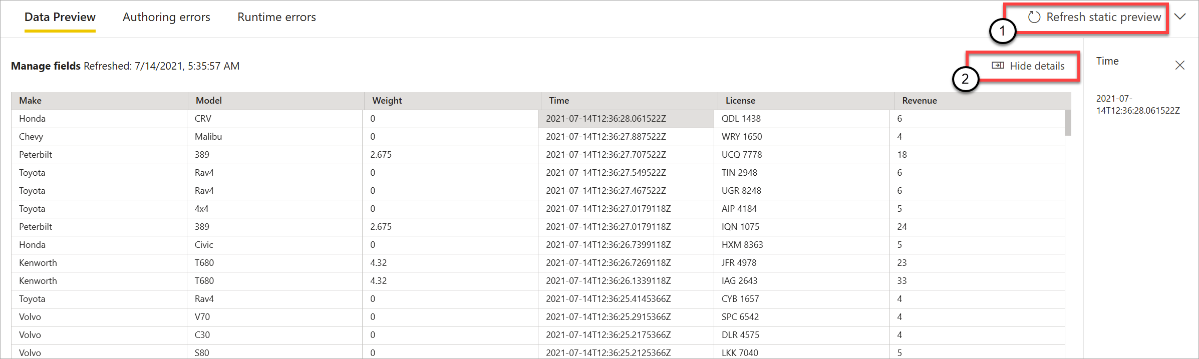 Screenshot, der eine Vorschau für statische Daten mit hervorgehobenen Optionen zum Aktualisieren und Ausblenden zeigt.