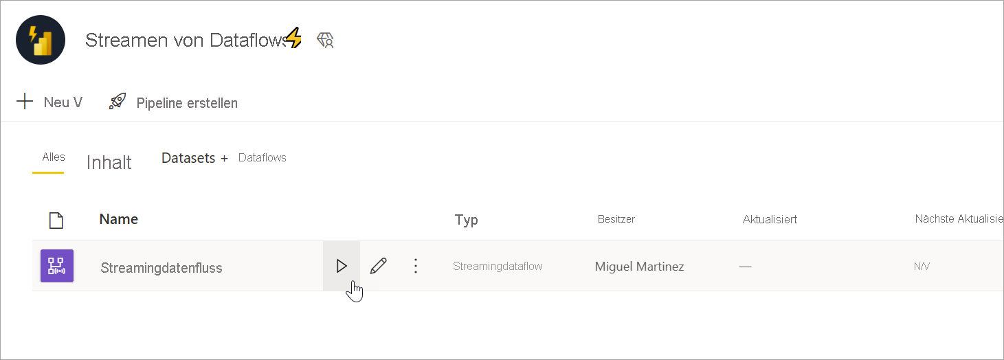 Screenshot: Schaltfläche „Wiedergabe“ zum Starten eines Streaming-Dataflows