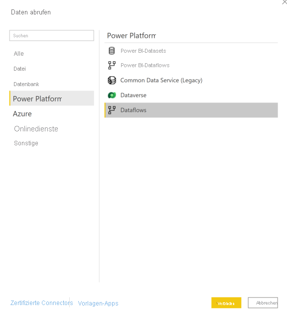 Screenshot des Fensters „Daten abrufen“, „Power Platform“ ist im Navigationsbereich ausgewählt und „Dataflows“ ist im Hauptbereich hervorgehoben.