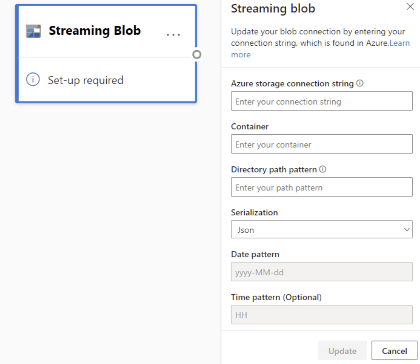 Screenshot, der die Streaming-Blob-Karte und den Konfigurationsbereich in der Diagrammansicht zeigt