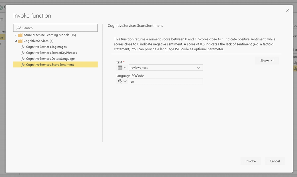 Screenshot: Dialogfeld „Funktion aufrufen“ mit Auswahl von CognitiveServices.ScoreSentiment und Angabe von EN als LanguageIsoCode.