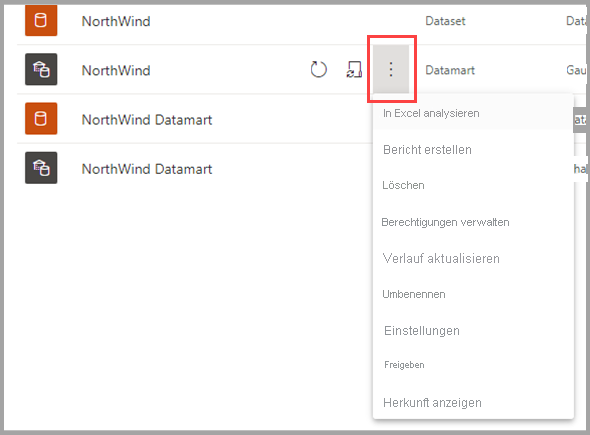 Screenshot des Kontextmenüs des Datamarts.