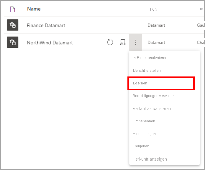 Screenshot des Löschens eines Datamarts im Arbeitsbereich.