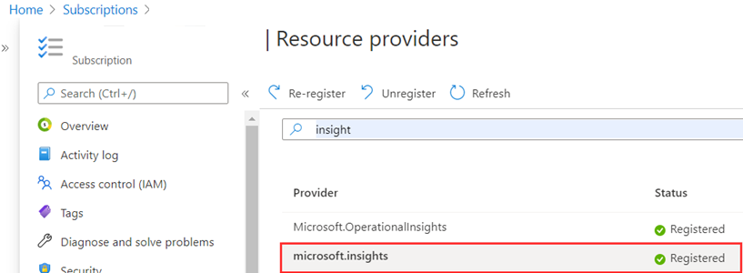 Screenshot des Ressourcenanbieters im Hauptbereich, in dem Microsoft.insights registriert ist.