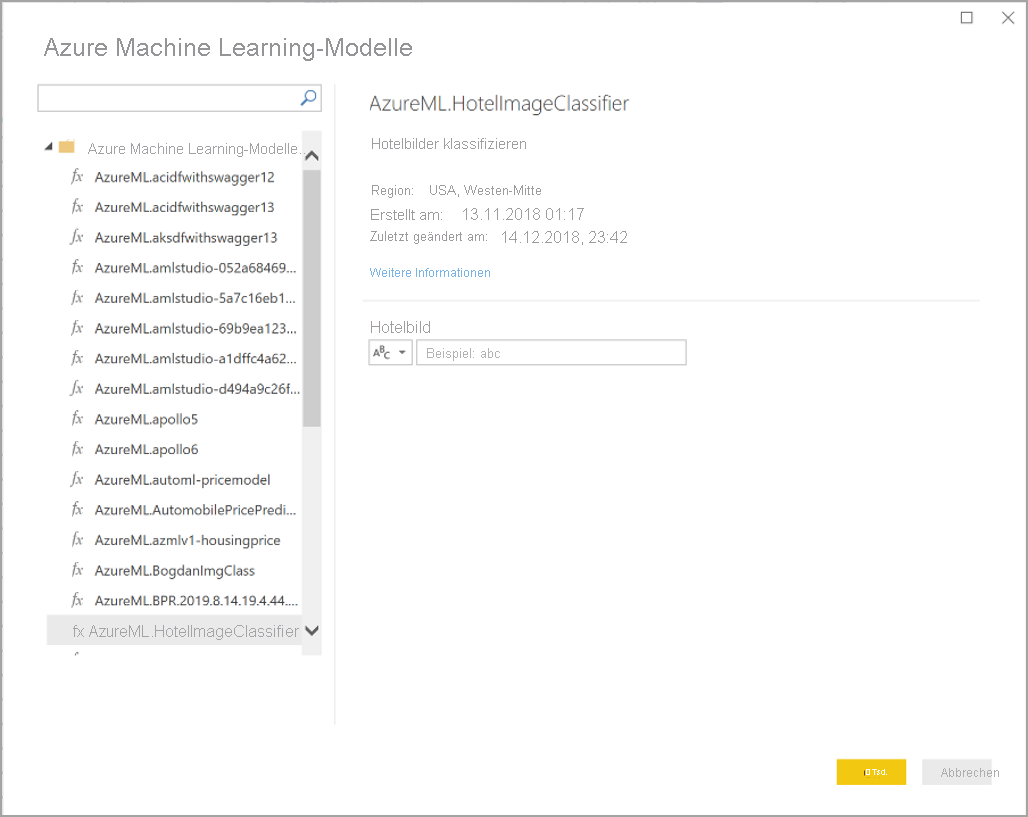 Screenshot of the Azure Machine Learning Models dialog box.