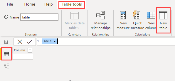 Screenshot: Power BI Desktop-Menüband mit hervorgehobenen Tabellentools, Neue Tabelle und Datenansicht