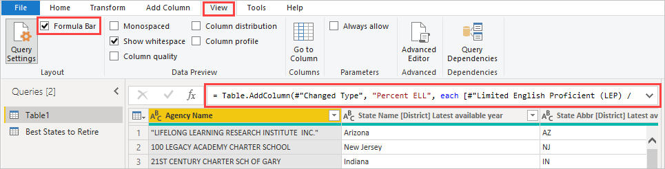 Screenshot: Power Query-Editor mit hervorgehobenem Kontrollkästchen „Formelleiste“ auf der Registerkarte „Ansicht“.