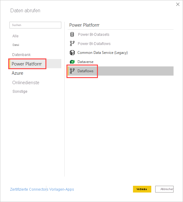 Screenshot der Auswahl von Dataflows auf der Registerkarte „Power Platform“ des Bildschirms „Daten abrufen“.