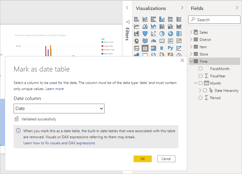 Screenshot von Power BI Desktop, auf dem das Dialogfeld „Als Datumstabelle markieren“ zu sehen ist.