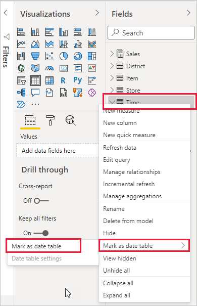 Screenshot von Power BI Desktop mit den Filteroptionen „Als Datumstabelle markieren“ im Bereich „Felder“. 