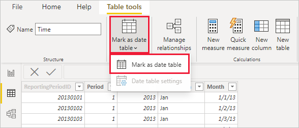 Screenshot von Power BI Desktop mit der Schaltfläche „Als Datumstabelle markieren“ und dem Optionsfilter.