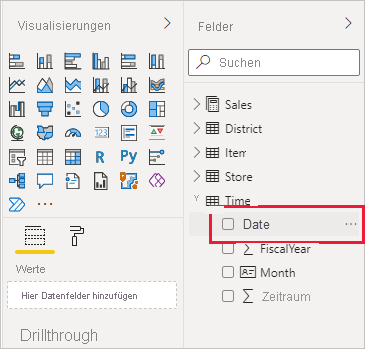 Screenshot von Power BI Desktop, der den Datumsfilter im Bereich „Felder“ zeigt.