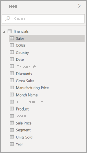 Screenshot der ursprünglichen Liste der Modellansichtsfelder in Power BI Desktop.