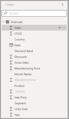 Screenshot der neuen Liste der Modellansichtsfelder in Power BI Desktop.