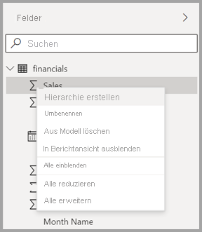 Screenshot des neuen Kontextmenüs für ein Feld in Power BI Desktop.