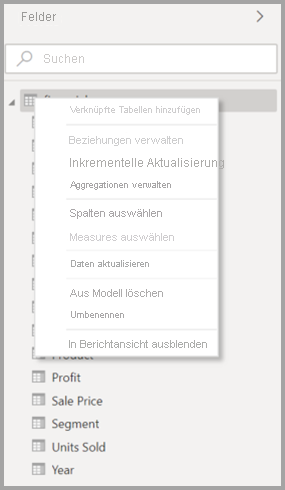 Screenshot des ursprünglichen Kontextmenüs für eine Tabelle in Power BI Desktop.