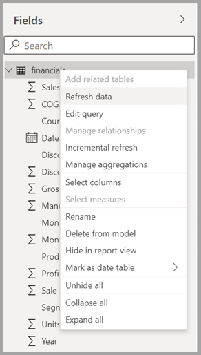 Screenshot des neuen Kontextmenüs für eine Tabelle in Power BI Desktop.