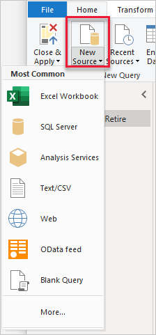 Screenshot von Power BI Desktop mit der Schaltfläche „Neue Quelle“