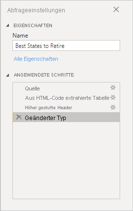 Screenshot von Power BI Desktop mit Abfrageeinstellungen im rechten Bereich.