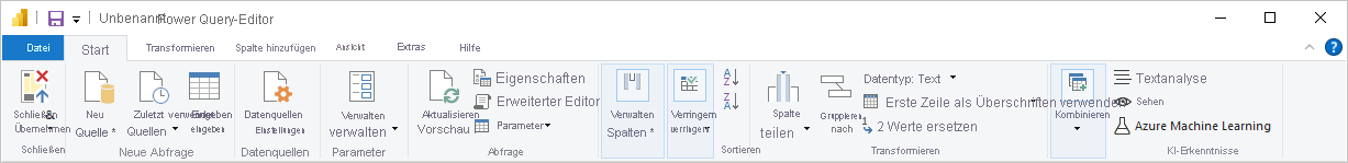 Screenshot von Power BI Desktop mit dem Abfragemenüband im Power Query-Editor