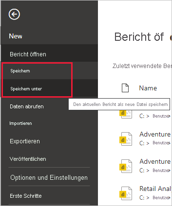 Screenshot von Power BI Desktop mit der Registerkarte „Power Query-Editor Datei“. Die Optionen „Speichern“ und „Speichern unter“ sind hervorgehoben.