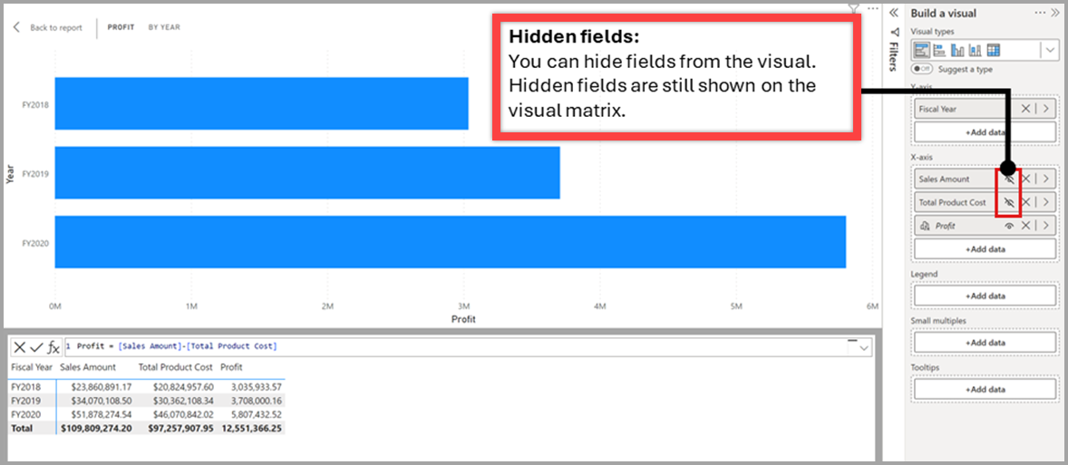 Screenshot des Ausblendens von Elementen aus der Ansicht eines visuellen Elements.