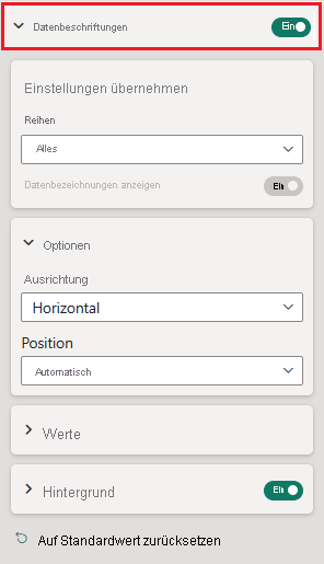 Screenshot: Formatierungsoptionen für Datenbeschriftungen in Power BI