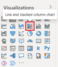 Screenshot des Bereichs „Visualisierungen“ mit hervorgehobenem Symbol „Linien- und gestapeltes Säulendiagramm“.