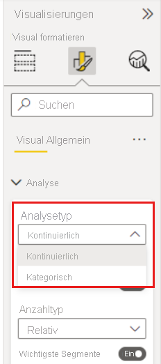 Screenshot des Dropdownmenüs, um von der kategorischen zur kontinuierlichen Analyse zu wechseln.