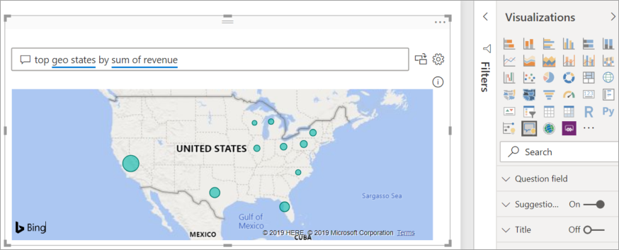 Screenshot der von Power BI erstellten visuellen Q&A-Karte zum Anzeigen der Daten.