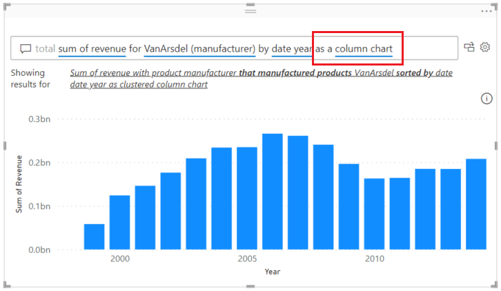 Screenshot, der zeigt, wie Sie das visuelle F&A-Element in ein Säulendiagramm konvertieren, indem Sie der Frage weitere Text hinzufügen.