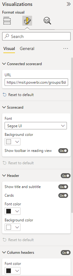 Screenshot von den Formatierungsoptionen für Scorecards.