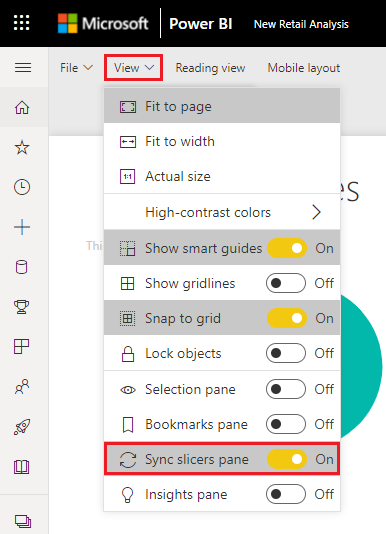 Screenshot: „Slicers synchronisieren“-Auswahl im Power BI-Dienst