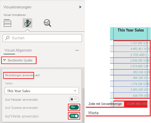 Screenshot that shows how to set the Apply settings options to use the formatting changes on the column header, the total row, and all values.