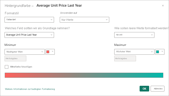 Screenshot that shows the Background color dialog with the color gradient spanning two primary colors, from red to green.