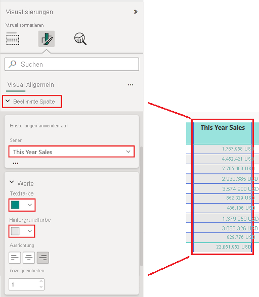 Screenshot that shows how to select a specific column to update the formatting options.