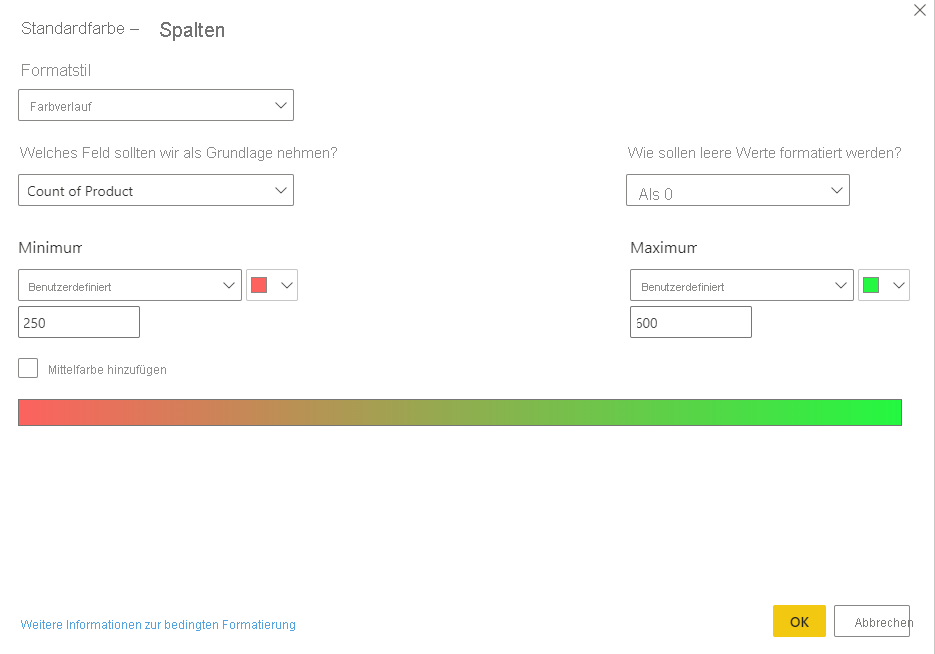 Screenshot der Optionen in „Standardfarbe“ mit den Werten „Maximum“ und „Minimum“