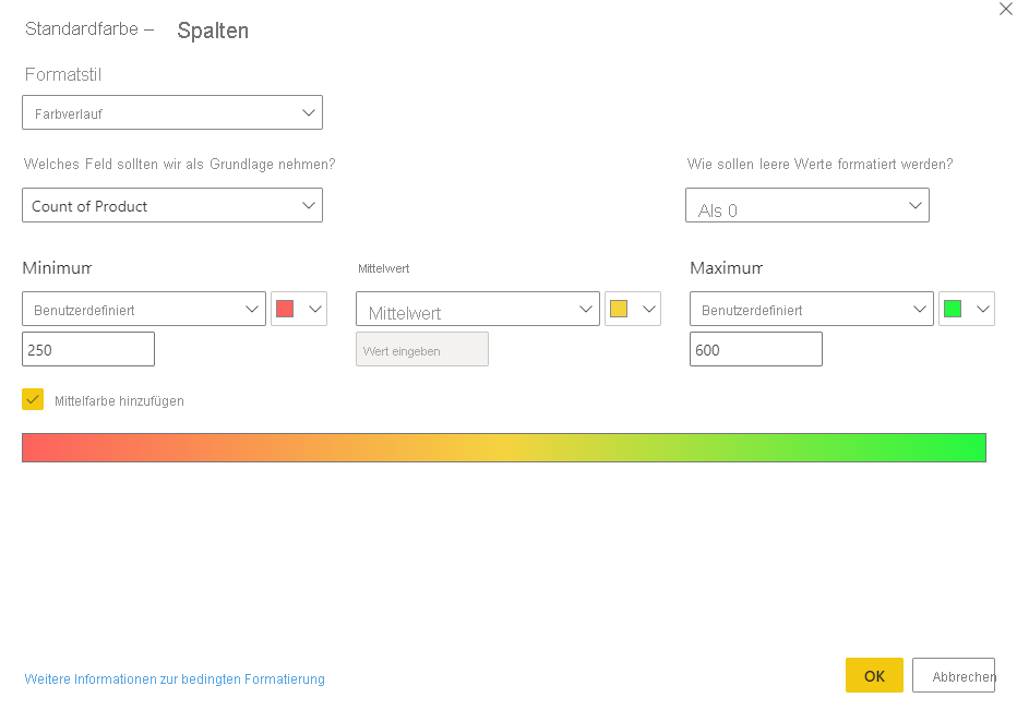 Screenshot des Dialogfelds „Standardfarbe“ mit ausgewählter Farbskala