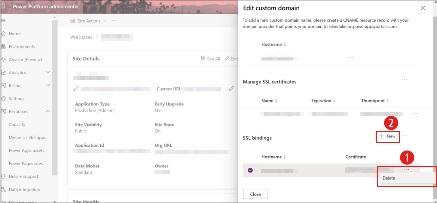 Ein Screenshot des Power Platform Admin Centers mit der hervorgehobenen Option zum Löschen der SSL-Bindungen und Hinzufügen eines neuen SSL-Zertifikats.