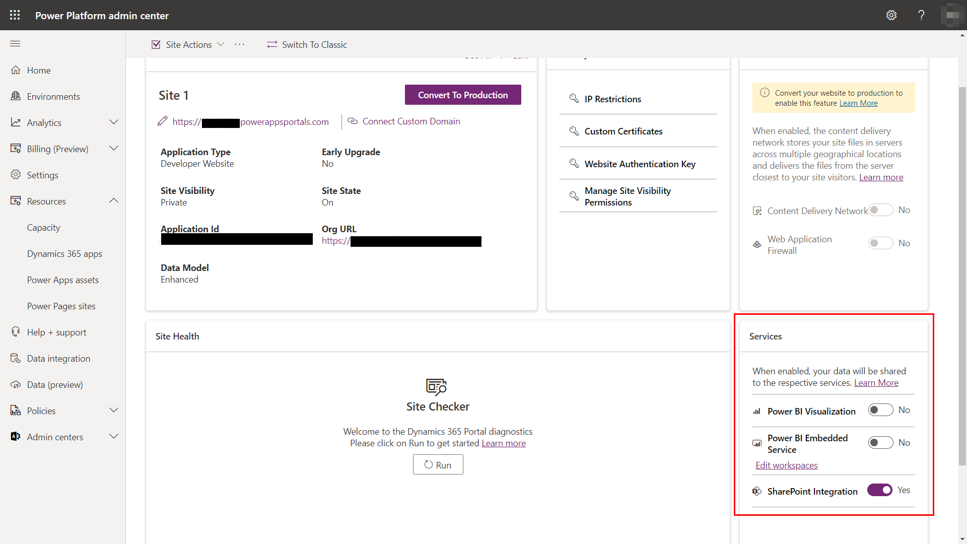 Der Abschnitt „Dienste“ der Power Pages Sites-Verwaltungsoptionen im Power Platform Admin Center.