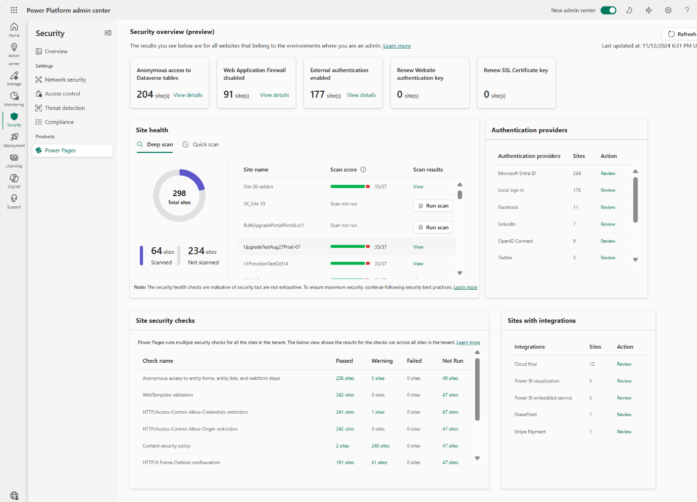 Screenshot des Sicherheits-Dashboards auf der Seite „Sicherheit“ im neuen  Power Platform Admin Center.