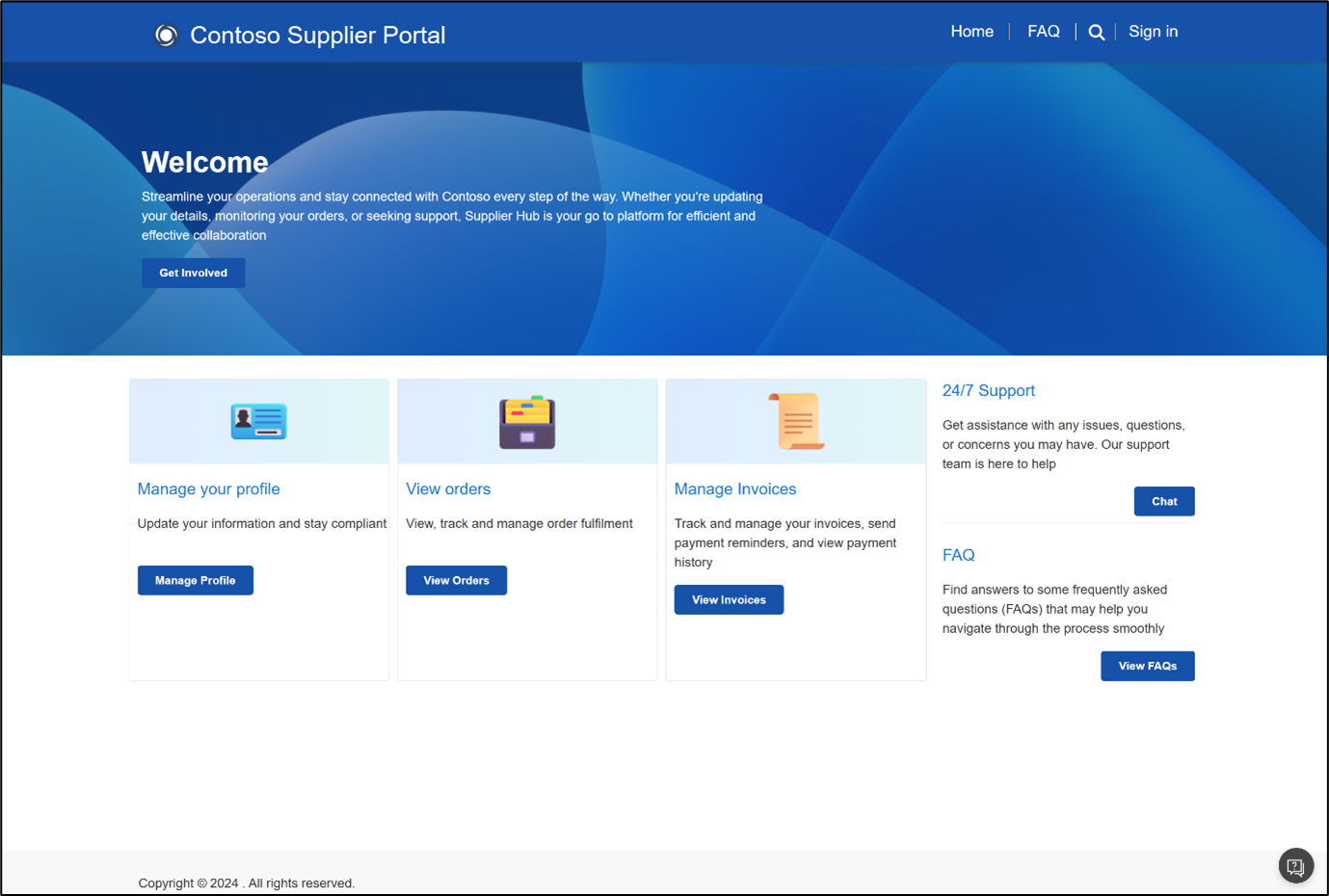 Screenshot der SAP Supplier Self Service-Site, die mit der SAP Supplier Self Service-Vorlage erstellt wurde.