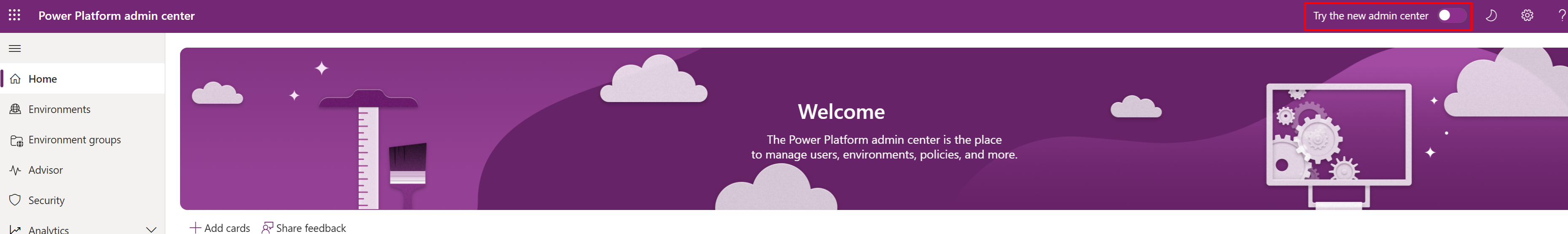 Screenshot des Umschalters „Neues Admin Center testen“ im Fenster des aktuellen Power Platform Admin Centers.