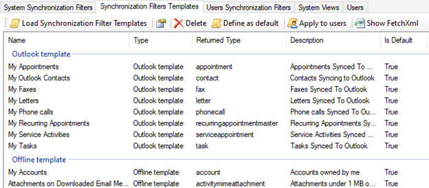 Screenshot der Registerkarte „Synchronisierungsfiltervorlagen“.