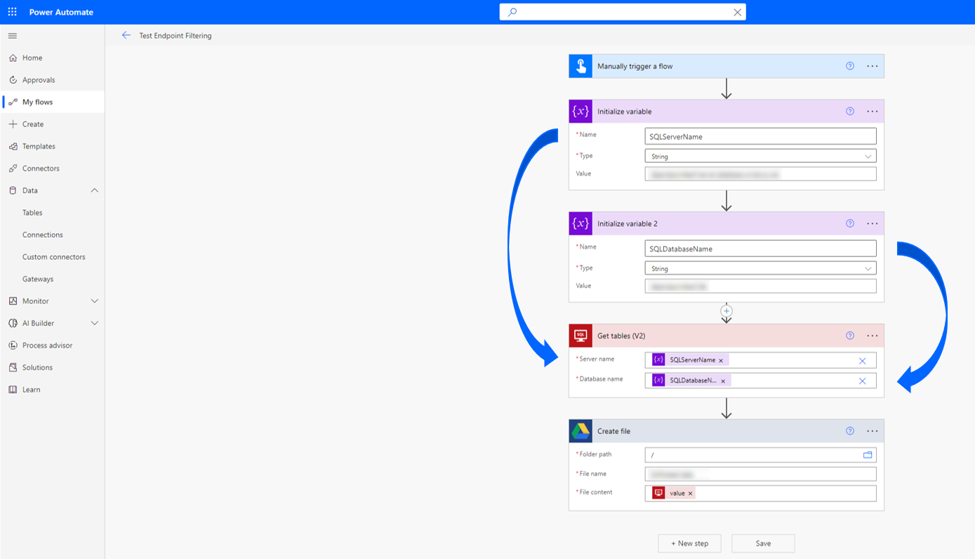 Cloud Flow verwendet Variablen, um eine Verbindung zu SQL herzustellen.