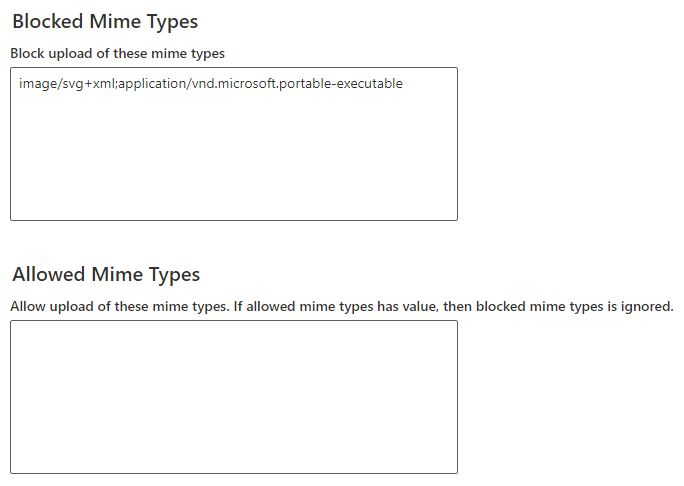 Screenshot der blockierten MIME-Typen in Dataverse Datenschutzeinstellungen für die Umgebung.